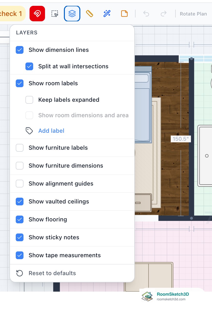 The Layers menu open under the Layers button in the RoomSketch3D toolbar, listing every layer with a checkbox