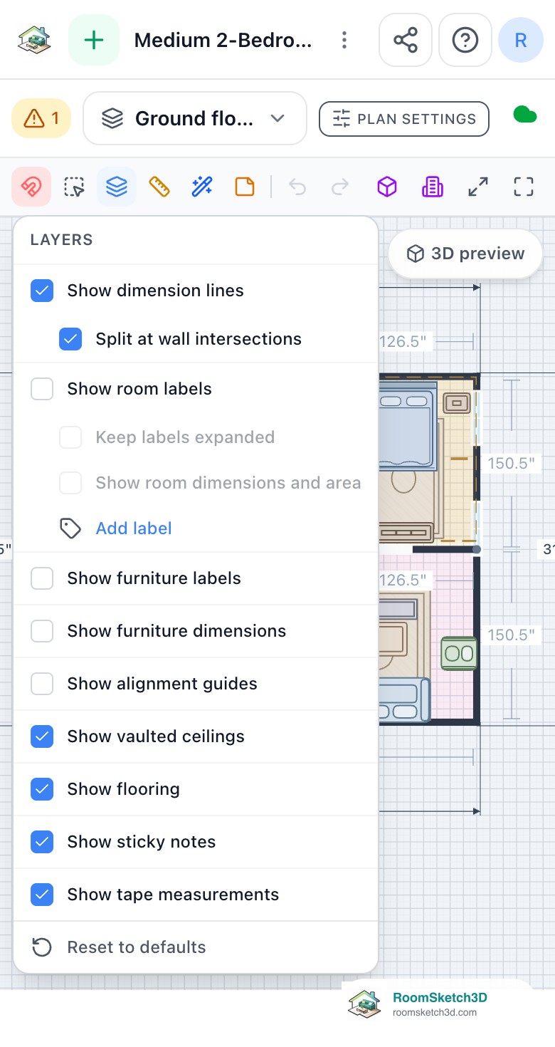 The Layers menu open on a phone, with Show room labels unticked — RoomSketch3D floor plan creator