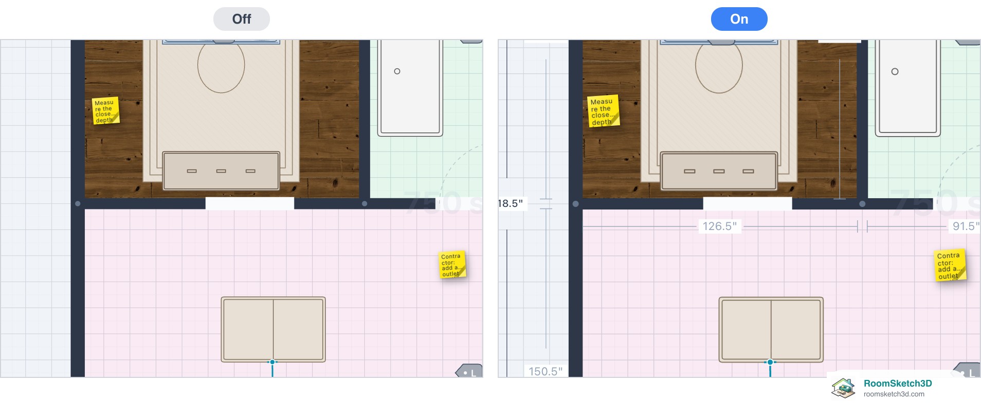 The same corner of a floor plan with dimension lines off and on — RoomSketch3D home design app