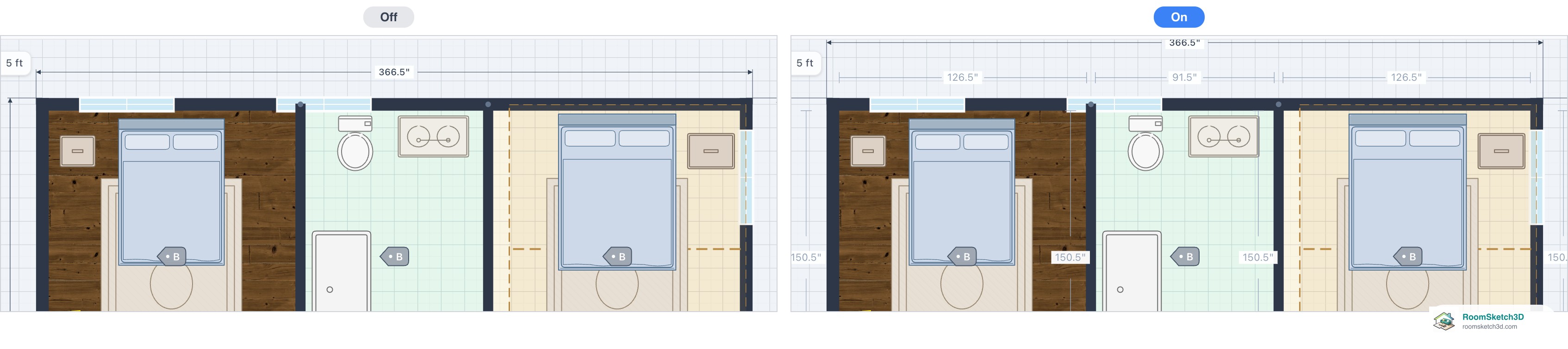 The top of a floor plan with only the overall wall length, and with room-by-room measurements — RoomSketch3D home design app