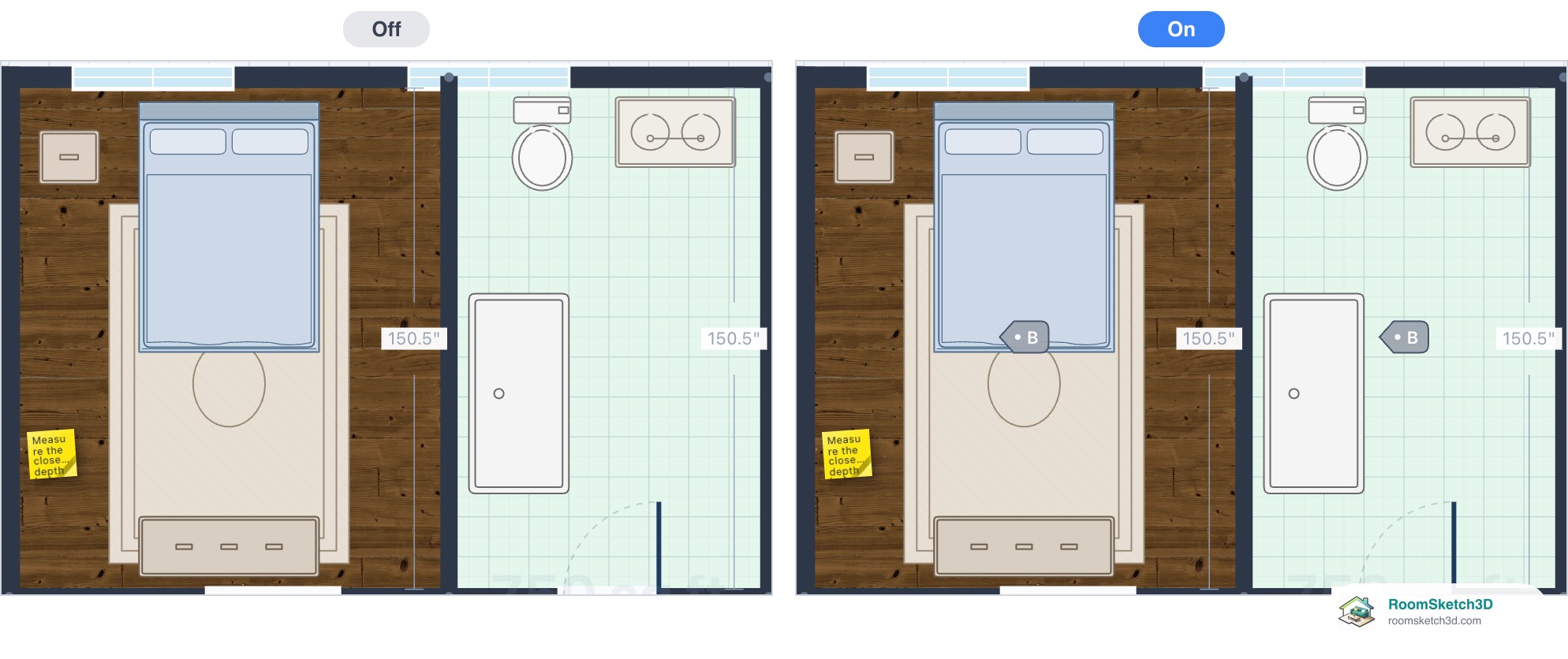 Two rooms of a plan with room labels off and on — RoomSketch3D floor plan creator