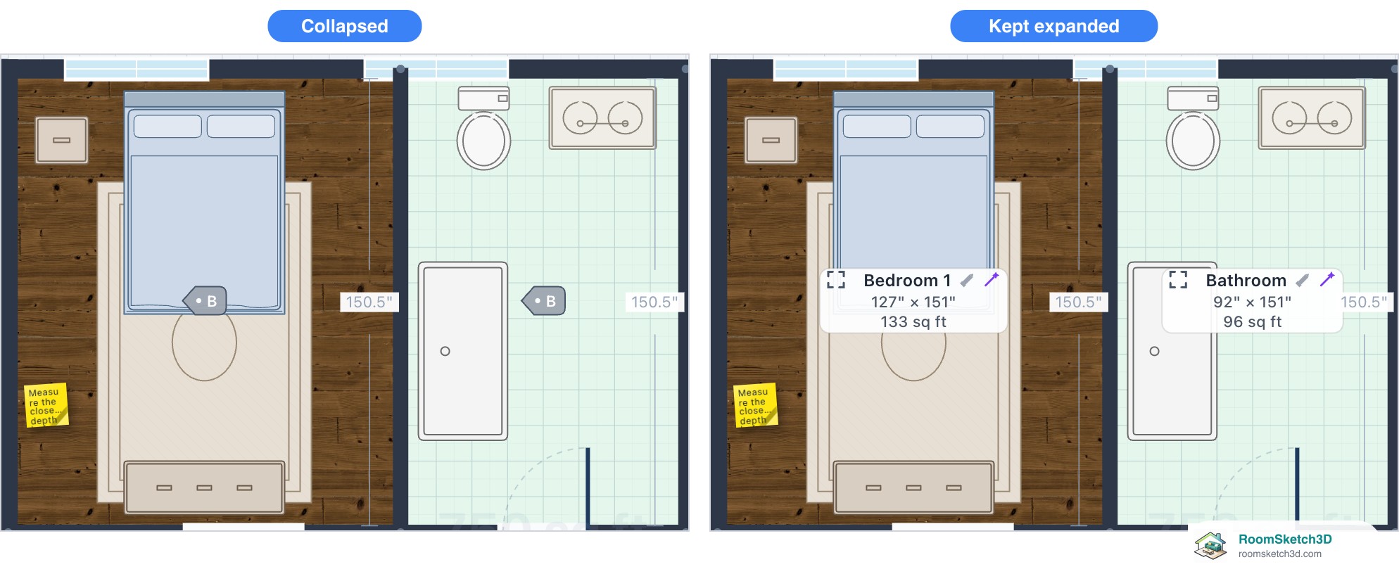 Room labels shown as small letter tags and then fully expanded with name, size, and area — RoomSketch3D room planner app