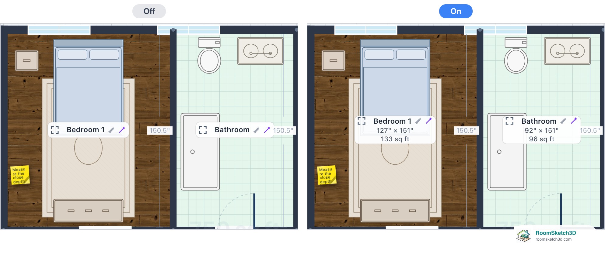 Expanded room labels with only the name, and with the room's size and area — RoomSketch3D home design app