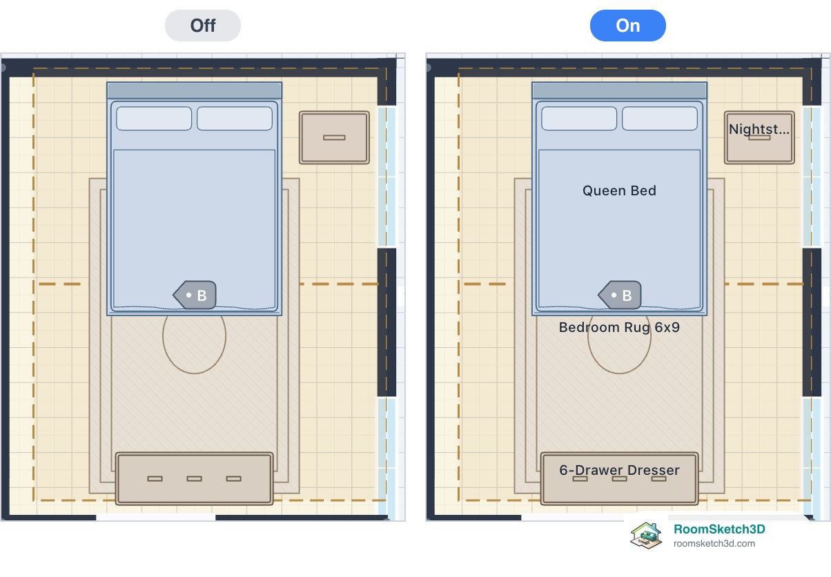 A bedroom with furniture labels off and on, showing Queen Bed, Bedroom Rug 6x9, and 6-Drawer Dresser — RoomSketch3D floor plan creator