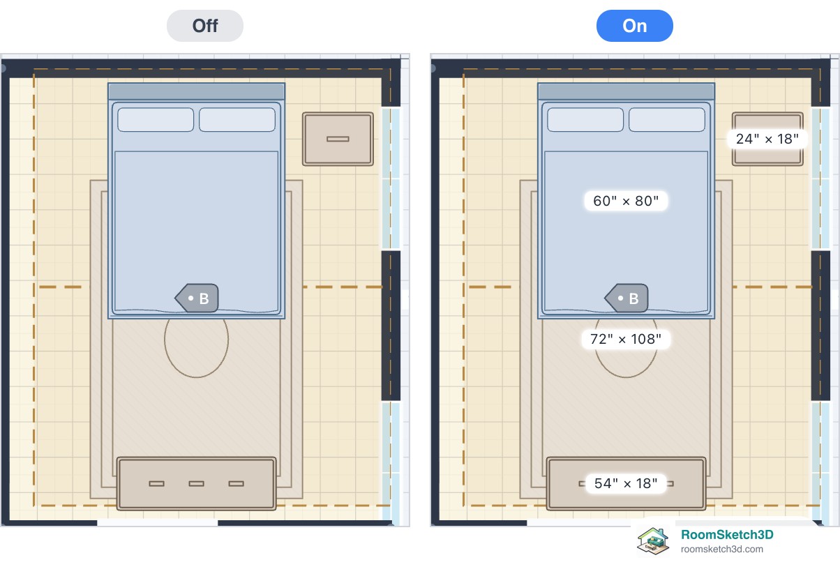 A bedroom with furniture dimensions off and on, showing each piece's width by depth — RoomSketch3D home design app