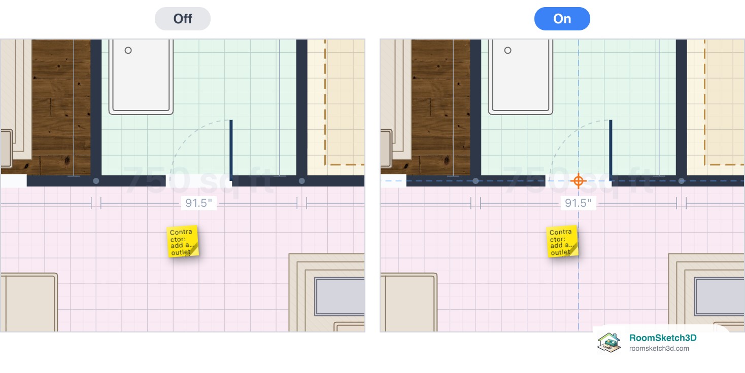 The middle of a floor plan without and with the dashed centre guides and orange centre marker — RoomSketch3D floor planner