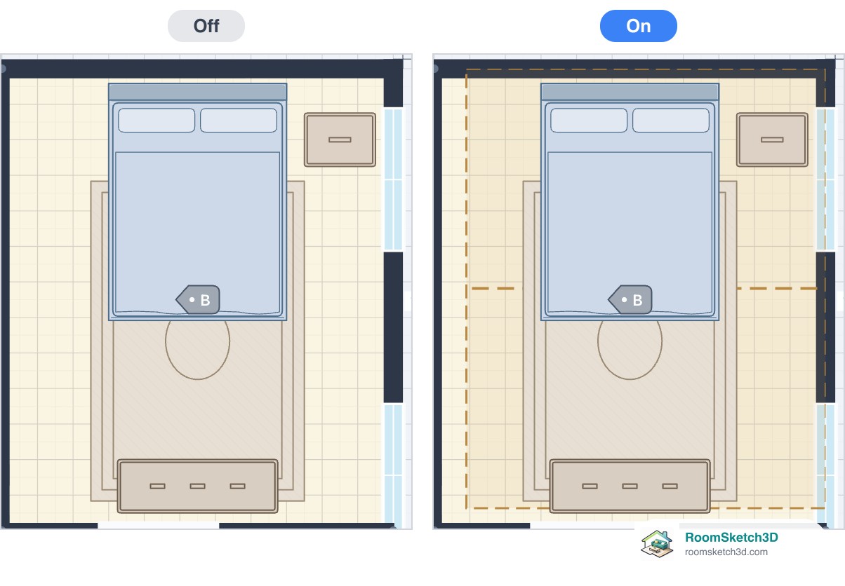 A bedroom with a vaulted ceiling hidden and shown as a dashed outline with a ridge line — RoomSketch3D floor planner