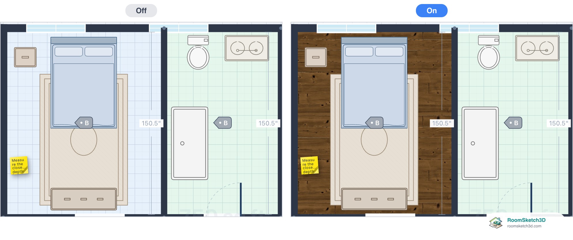 A bedroom with its hardwood floor pattern hidden and shown — RoomSketch3D room planner app