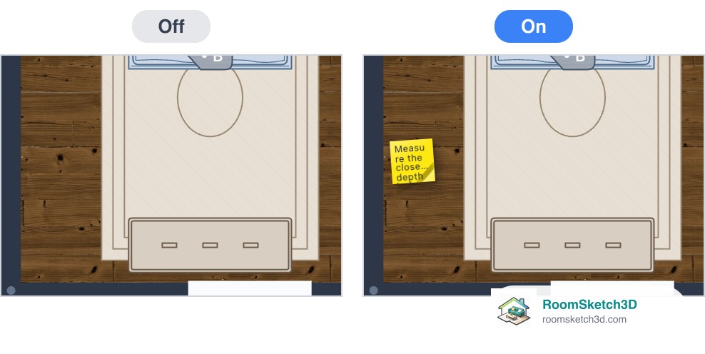 A corner of a bedroom with a yellow sticky note hidden and shown — RoomSketch3D 3D floorplan software