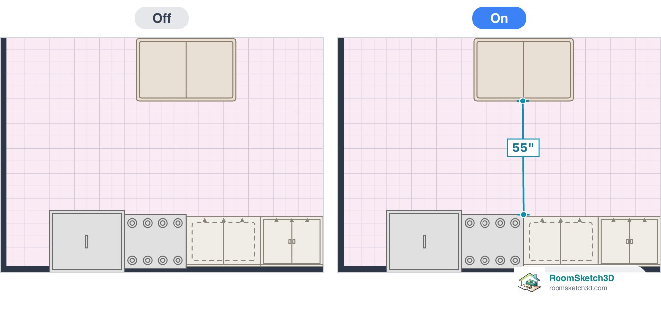 A kitchen with a kept 55-inch tape measurement hidden and shown between the island and the counter — RoomSketch3D floor planner