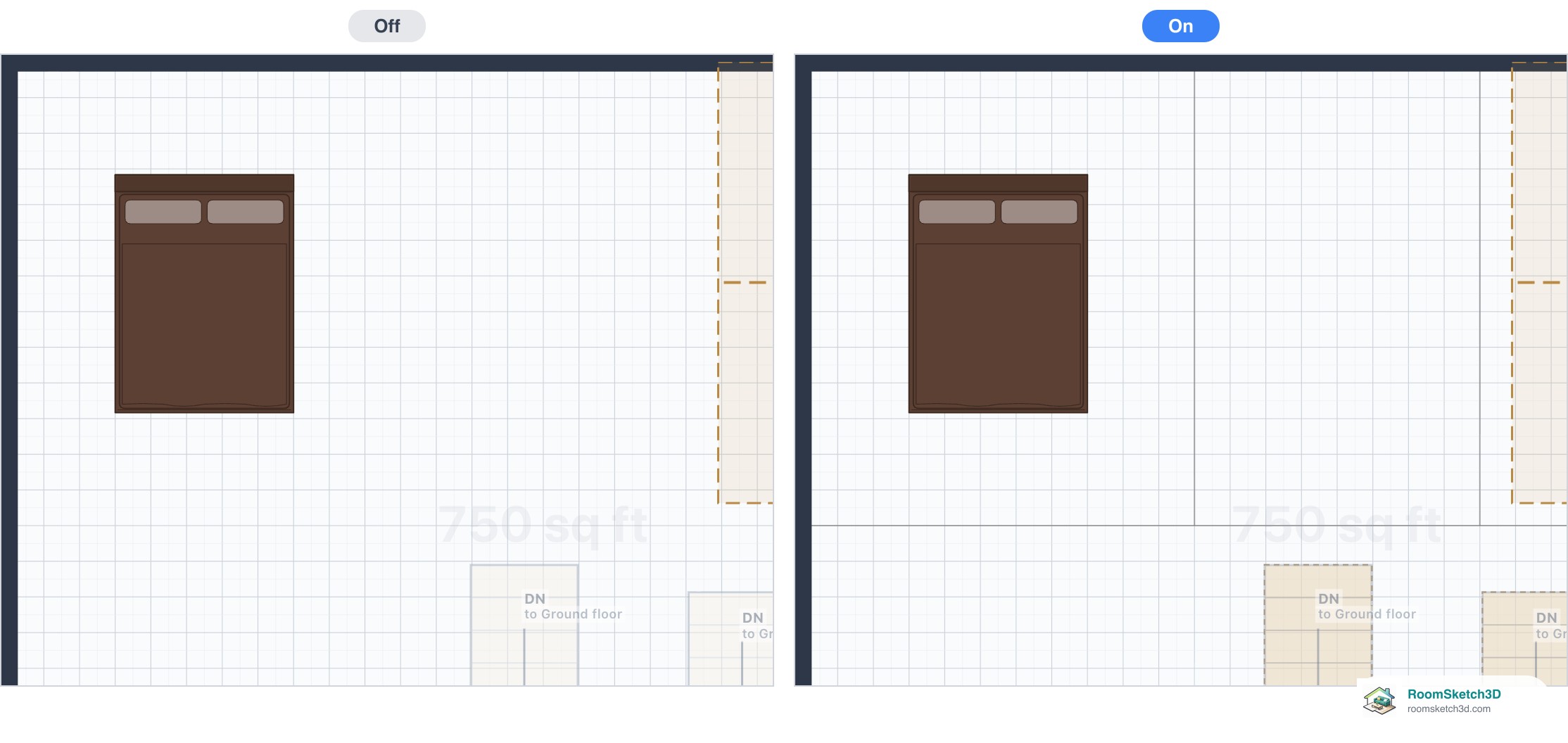 An upper floor with a bed, without and with the ground floor's walls and staircase drawn faintly underneath — RoomSketch3D room planner app