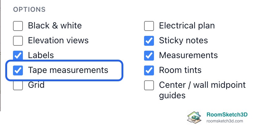 The Options section of the Export / Print dialog with Tape measurements ticked and highlighted — RoomSketch3D floor planner