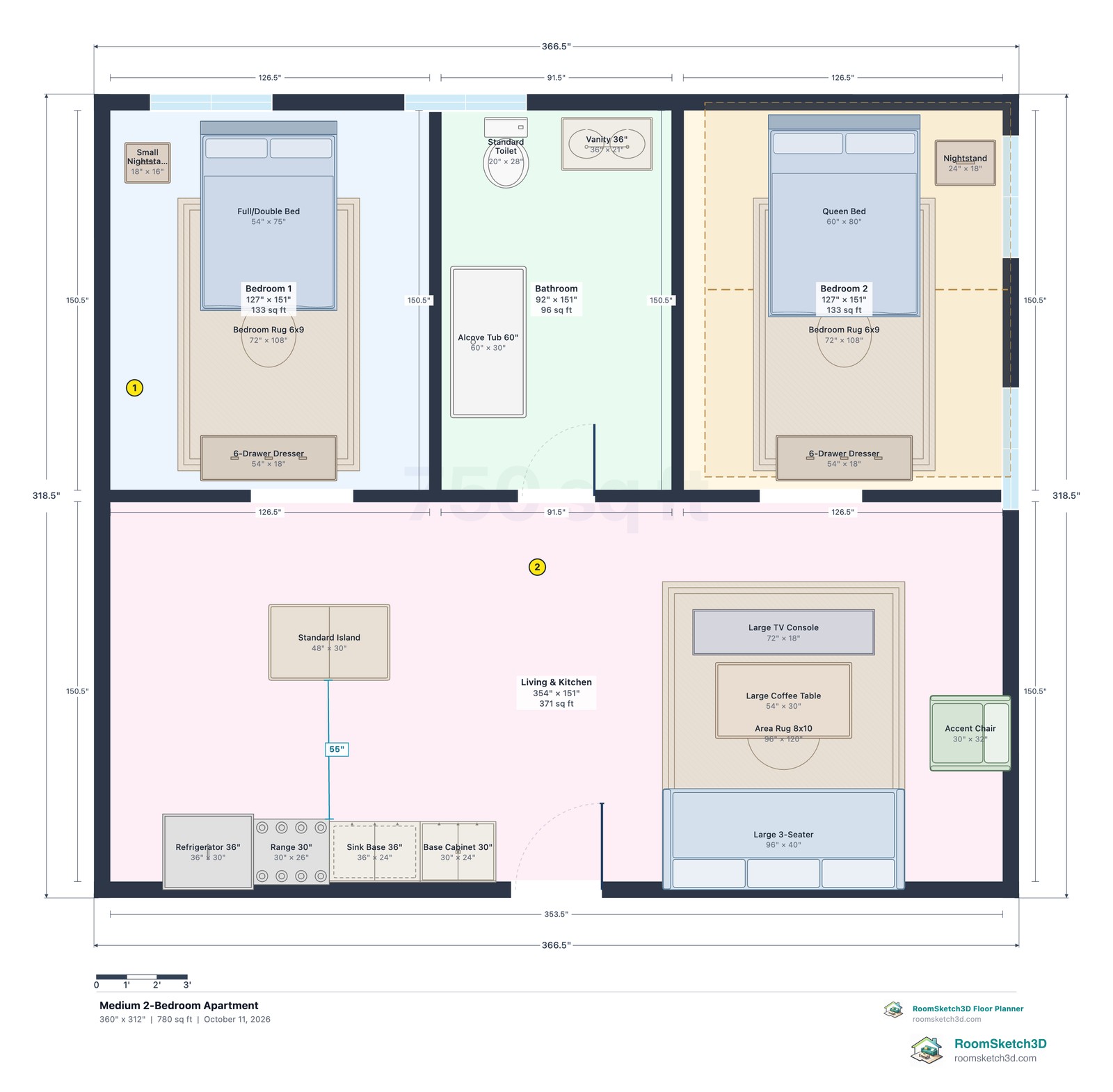 An exported PNG of the apartment with room names, furniture labels, measurements, a kept 55-inch measurement, and two numbered sticky-note pins — RoomSketch3D room planner app
