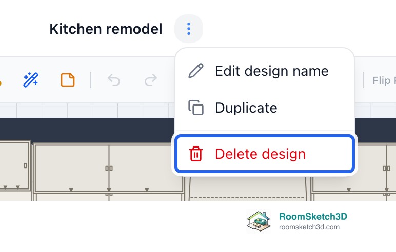The ⋮ design menu with Delete design highlighted in red — RoomSketch3D home design app