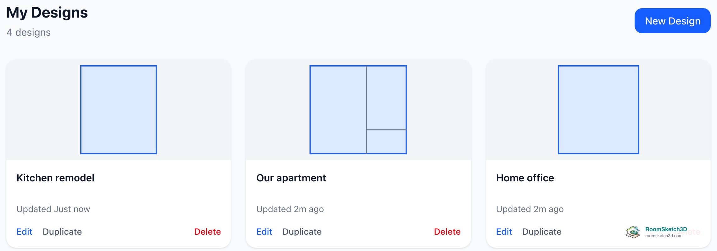 The My Designs dashboard with design cards, each with Edit, Duplicate, and Delete — RoomSketch3D home design app