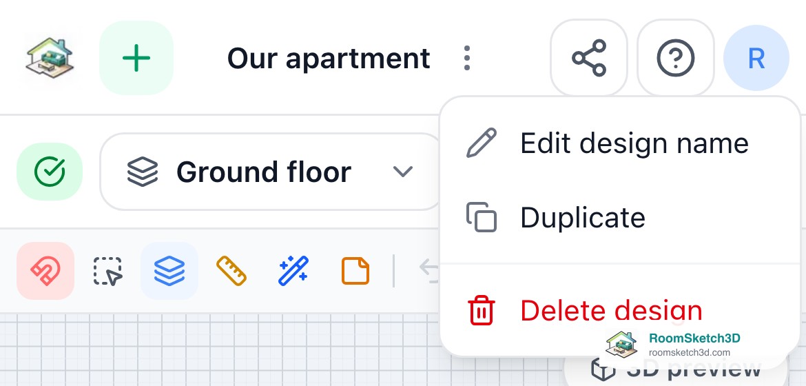 RoomSketch3D on a phone with the ⋮ design menu open: Edit design name, Duplicate, Delete design