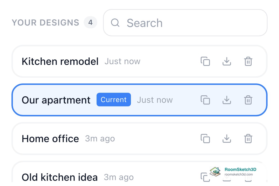 The Your Designs list on a phone with Our apartment marked Current — RoomSketch3D 3D floorplan software