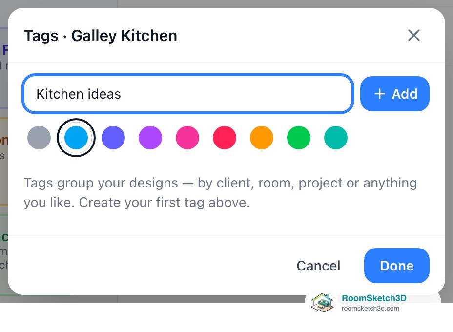 The Tags sheet for a design in RoomSketch3D with Kitchen ideas typed in Find or create a tag, nine color swatches and the Add button