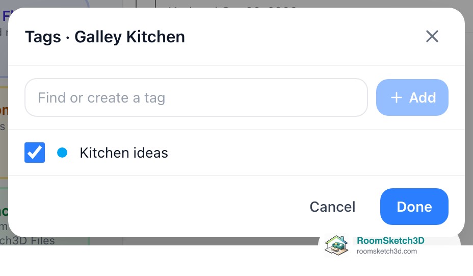 The Tags sheet in RoomSketch3D with the Kitchen ideas tag ticked and the Done button
