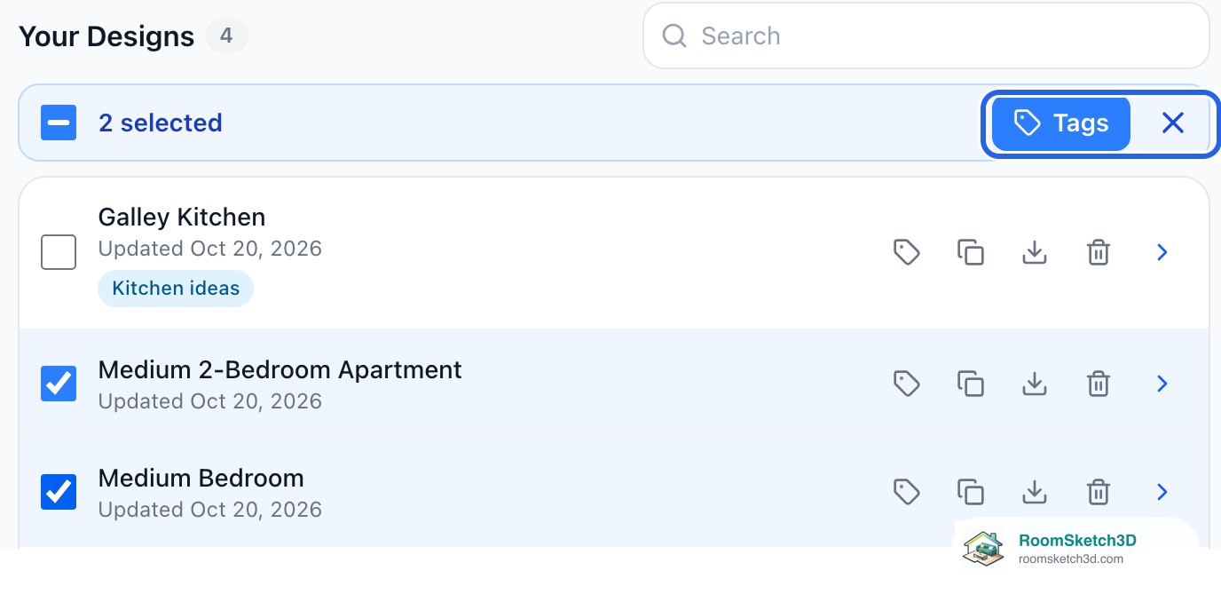 Two designs ticked on RoomSketch3D Home, with the blue bar reading 2 selected and the Tags button