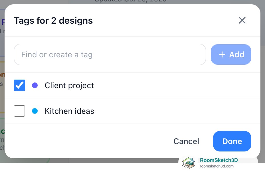 The Tags for 2 designs sheet in RoomSketch3D with Client project ticked and Kitchen ideas unticked