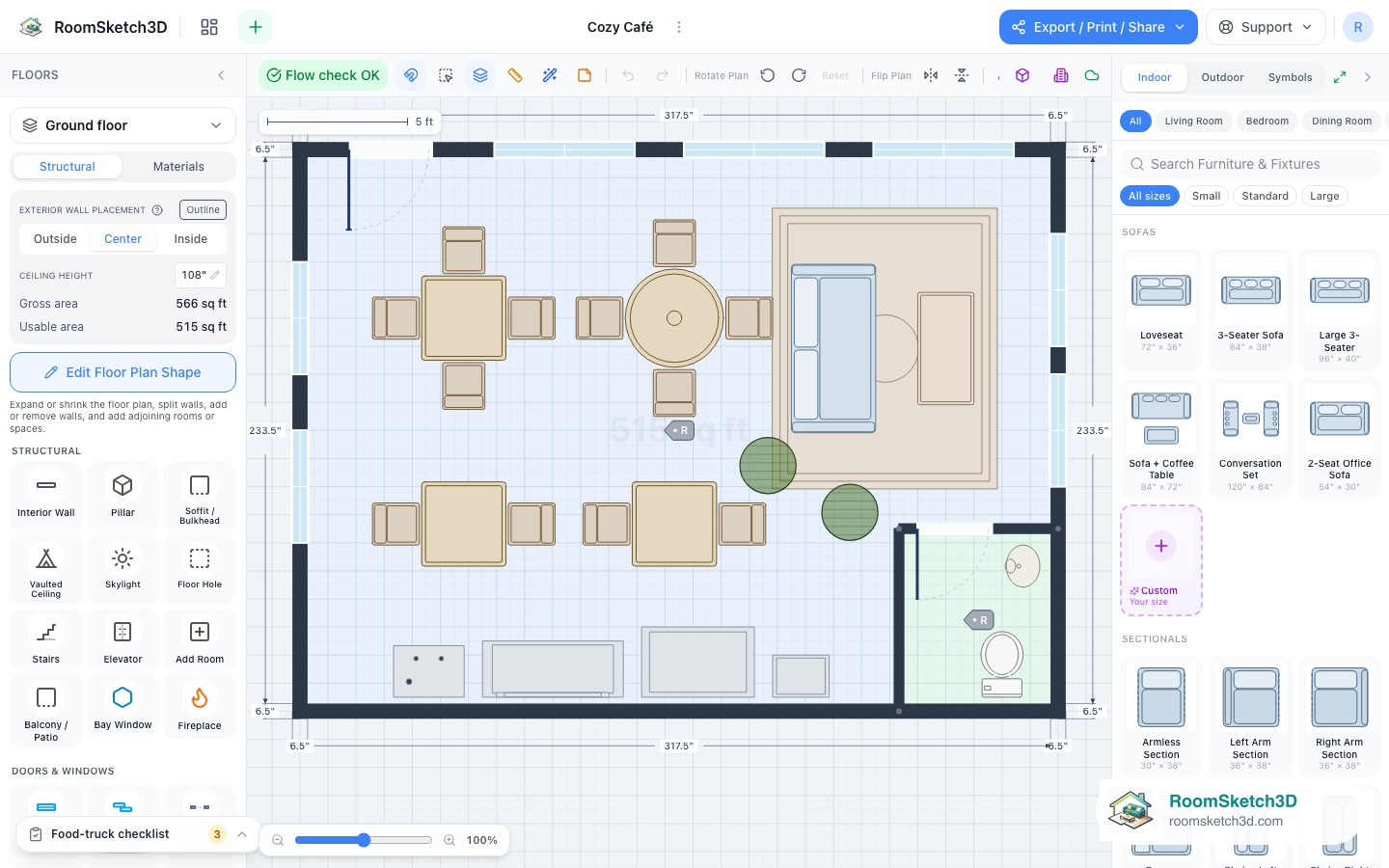 The Cozy Café template open in the RoomSketch3D editor