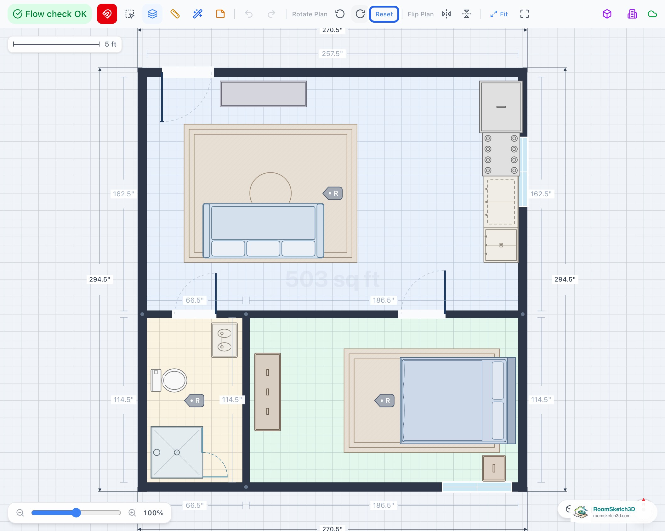 A one-bedroom apartment plan turned 90 degrees in the editor, with the Reset button highlighted — RoomSketch3D home design app