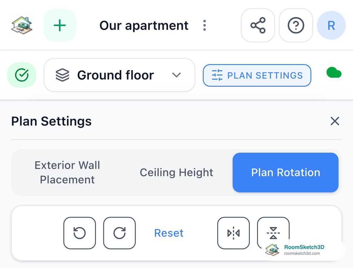 The Plan Settings panel on a phone with the Plan Rotation tab selected, showing rotate left, rotate right, Reset, and two flip buttons — RoomSketch3D floor plan creator