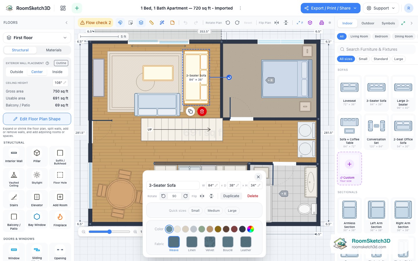 A selected sofa on a RoomSketch3D floor plan with its inspector and the on-canvas Duplicate and Delete bar