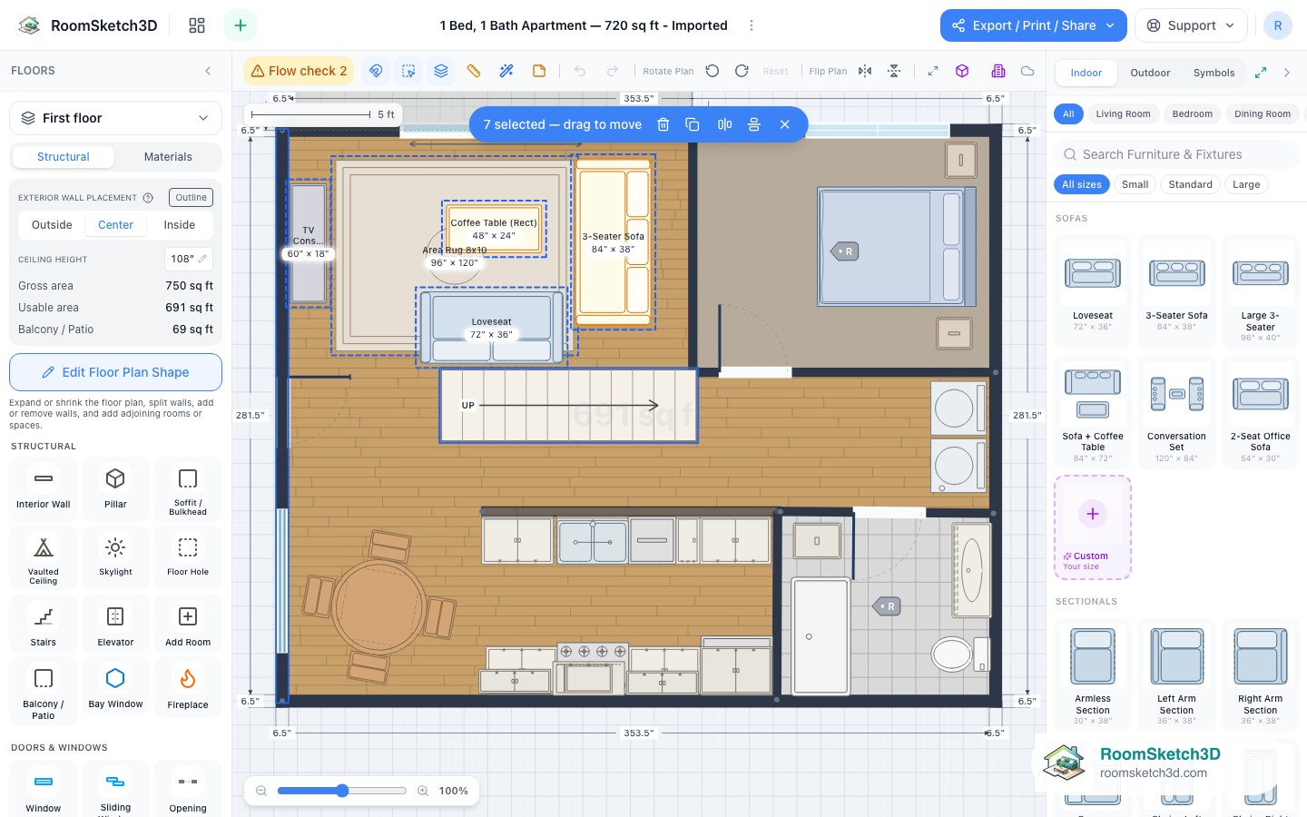 A box-select rectangle capturing a sofa, loveseat, rug, and coffee table in RoomSketch3D with the N selected bar