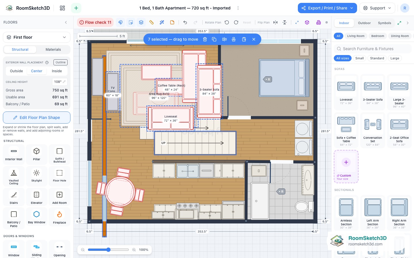 A pasted group of furniture placed in clear floor space on a RoomSketch3D plan, still selected