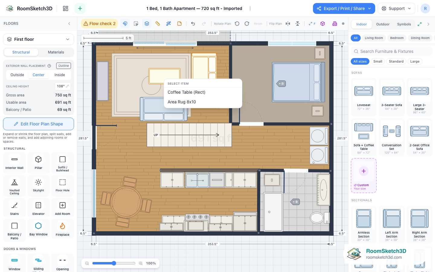 The Select item chooser in RoomSketch3D listing an area rug and a coffee table that share the same spot