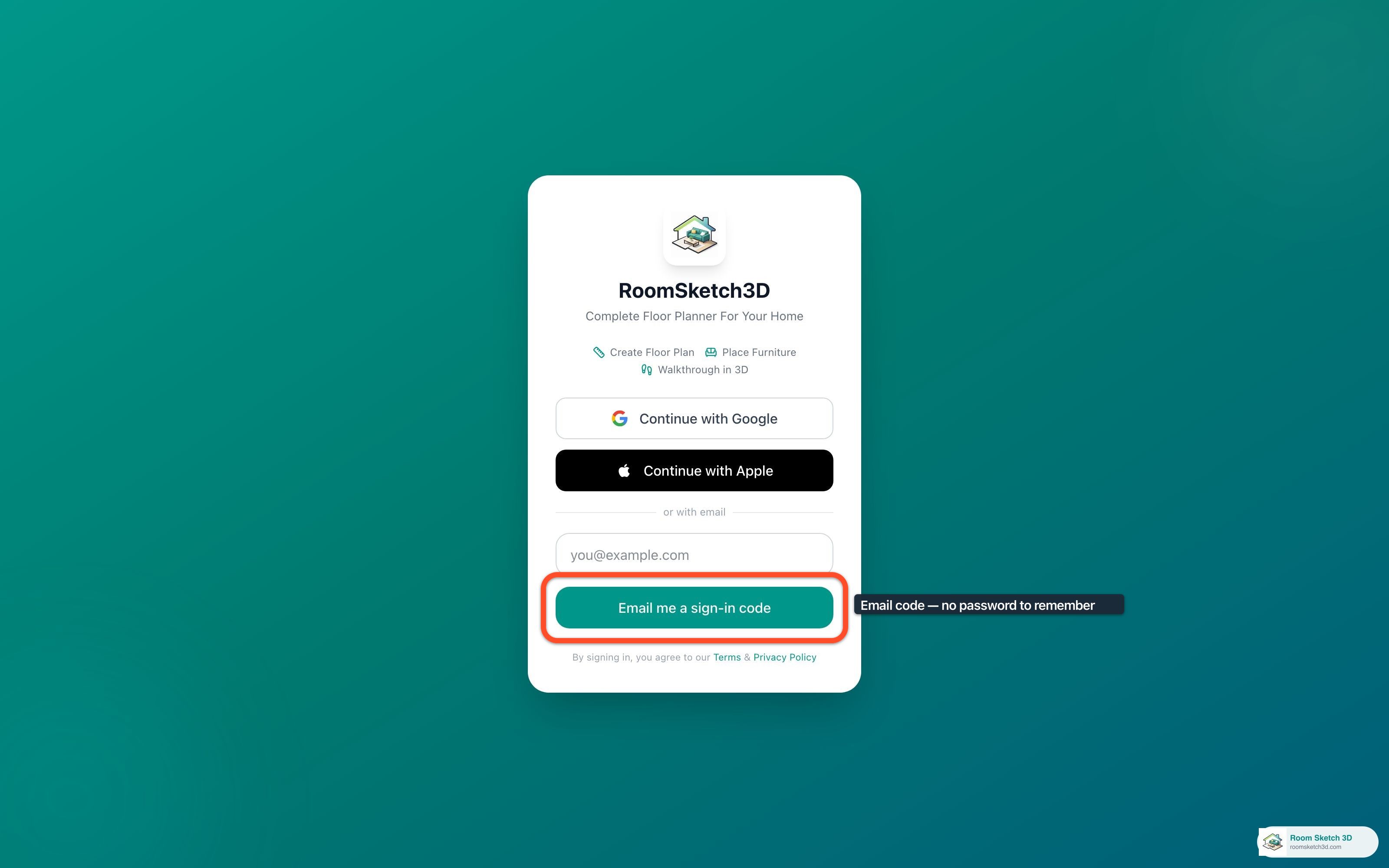 The sign-in page with the Email me a sign-in code button highlighted by an orange outline