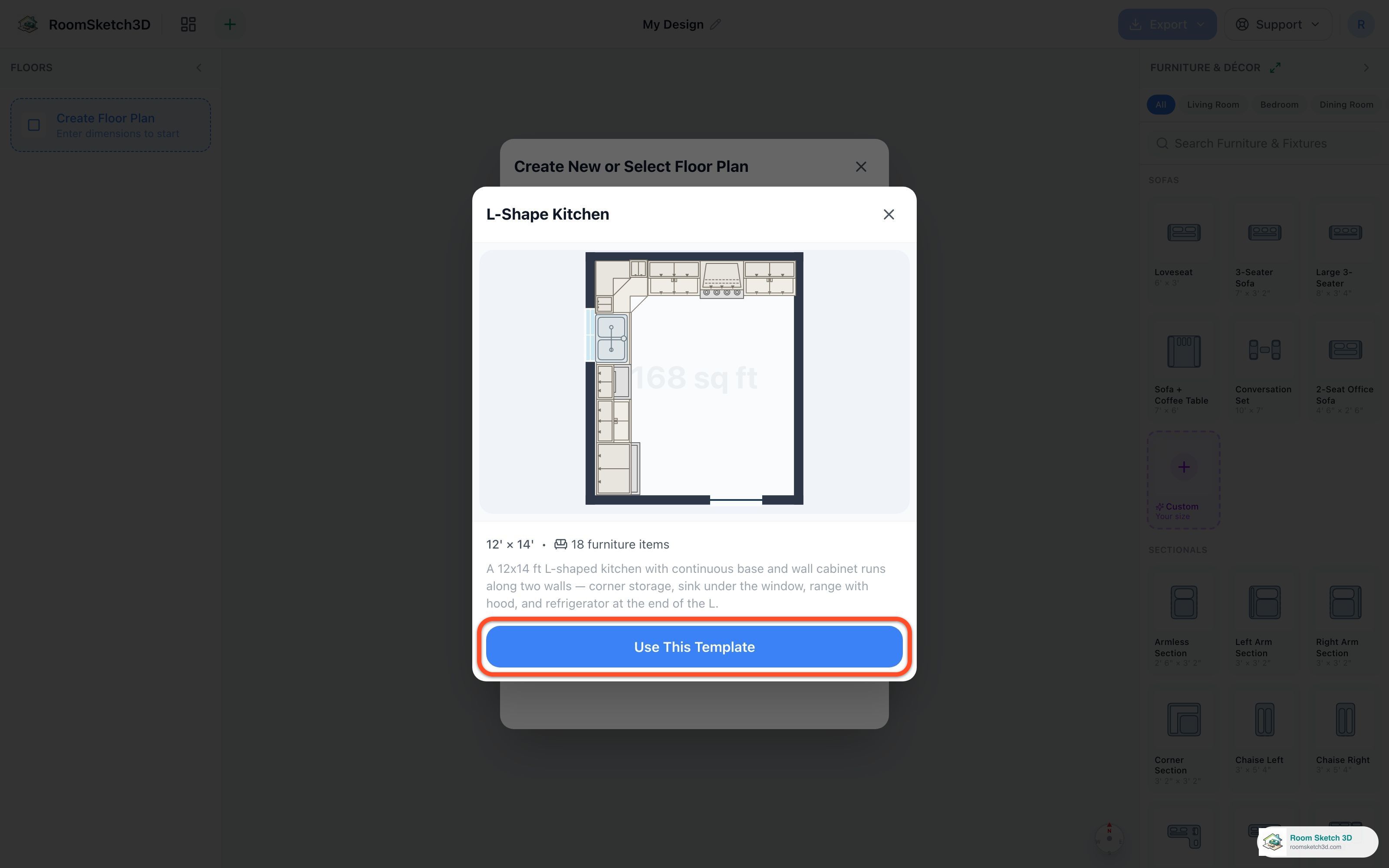 The L-Shape Kitchen template preview modal — a 12-by-14-foot kitchen with cabinet runs along two walls, the Use This Template button highlighted