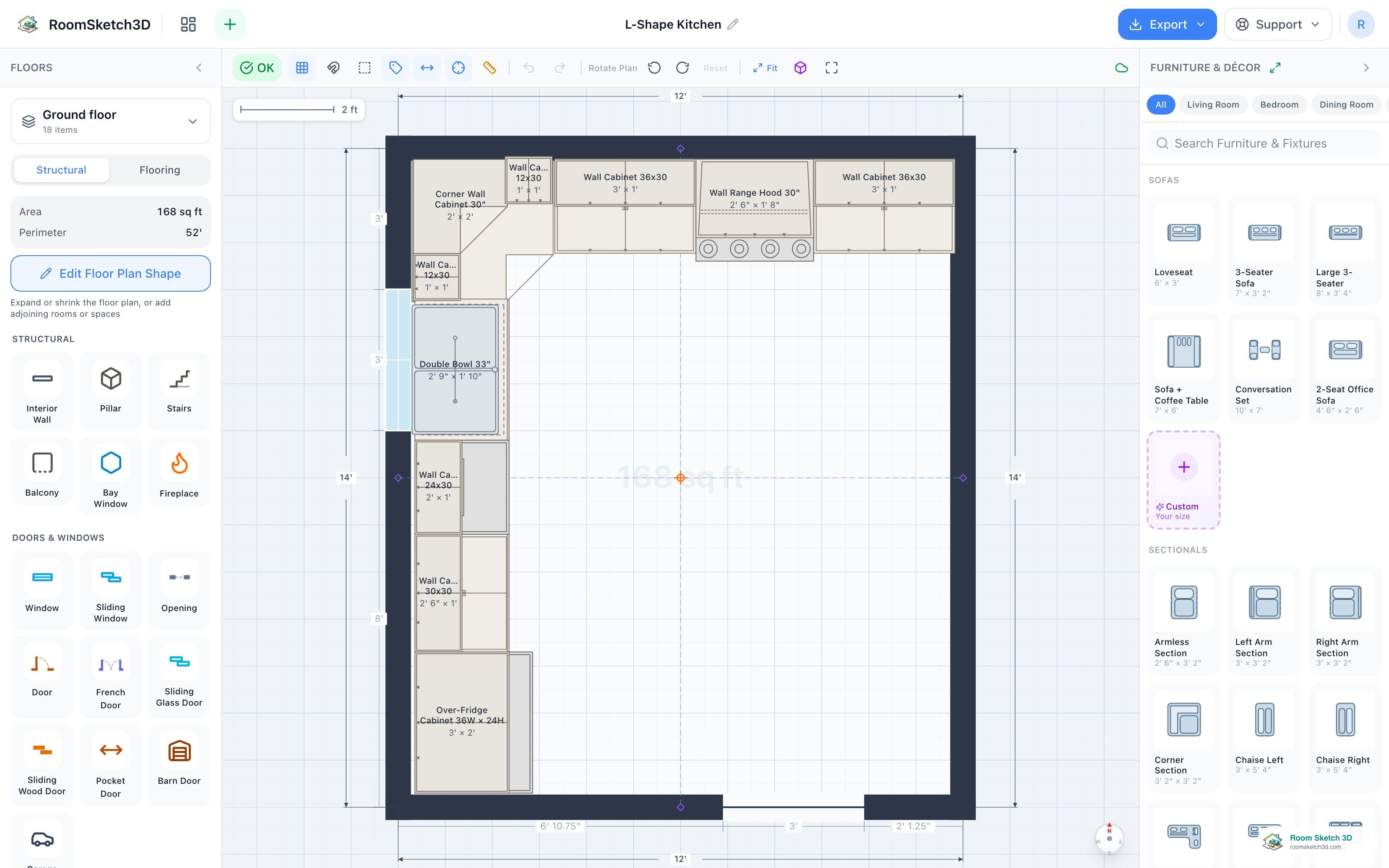The RoomSketch3D editor showing the loaded L-Shape Kitchen template — base cabinets running along two walls, sink under the window, range with hood, refrigerator at the end of the L