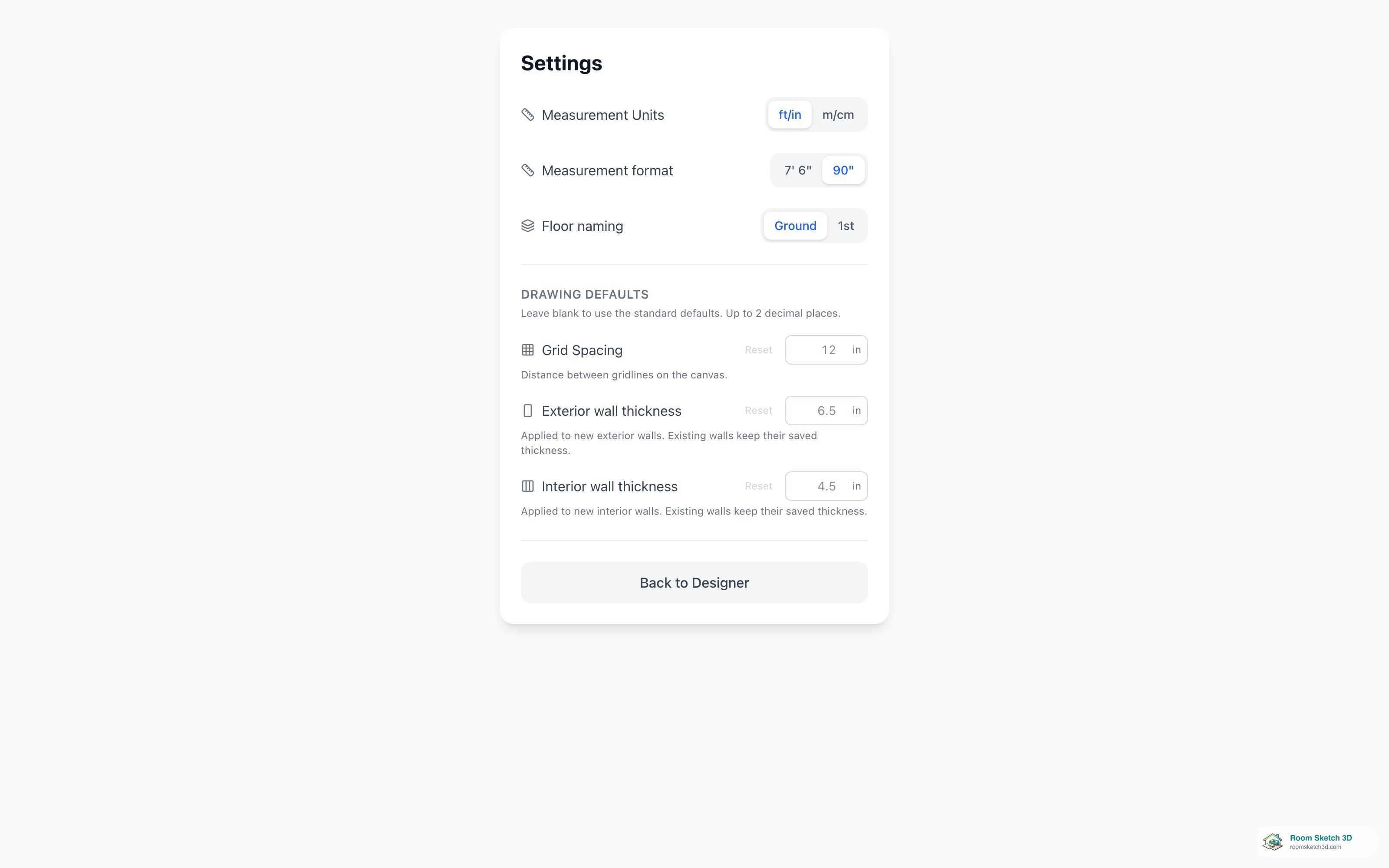 The Settings page showing the Measurement Units toggle set to ft/in — RoomSketch3D floor plan creator