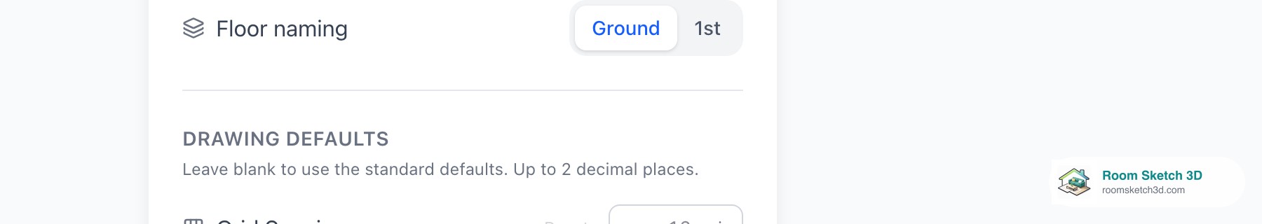The Measurement format row with two buttons — 7' 6" (Feet and inches) and 90" (Inches only) — the plain-inches option selected — RoomSketch3D room planner app