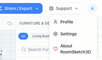 The account menu showing Profile, Settings, and About RoomSketch3D