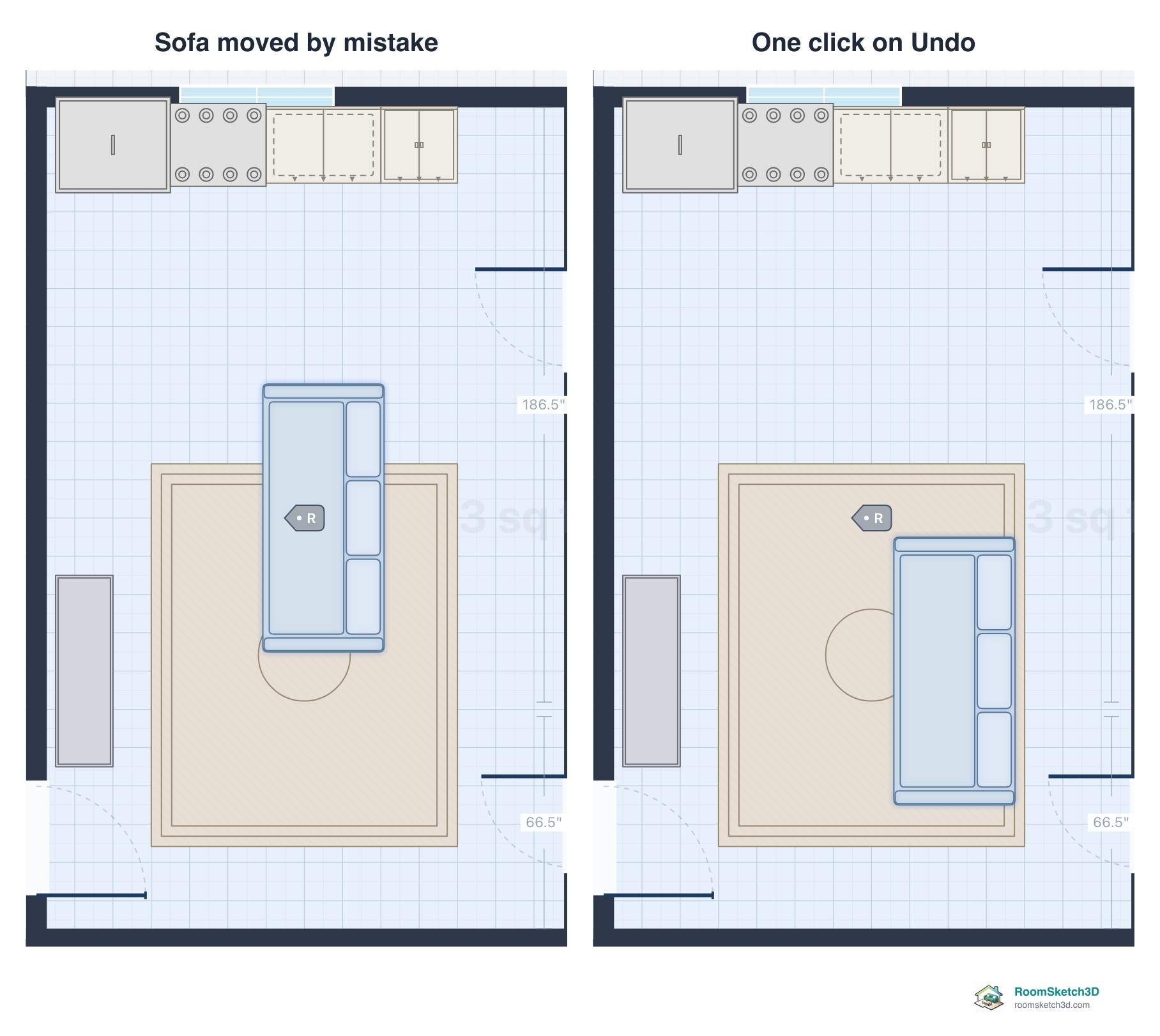 Two views of the same living room: the sofa dragged onto the middle of the rug, and back in place after one Undo — RoomSketch3D home design app