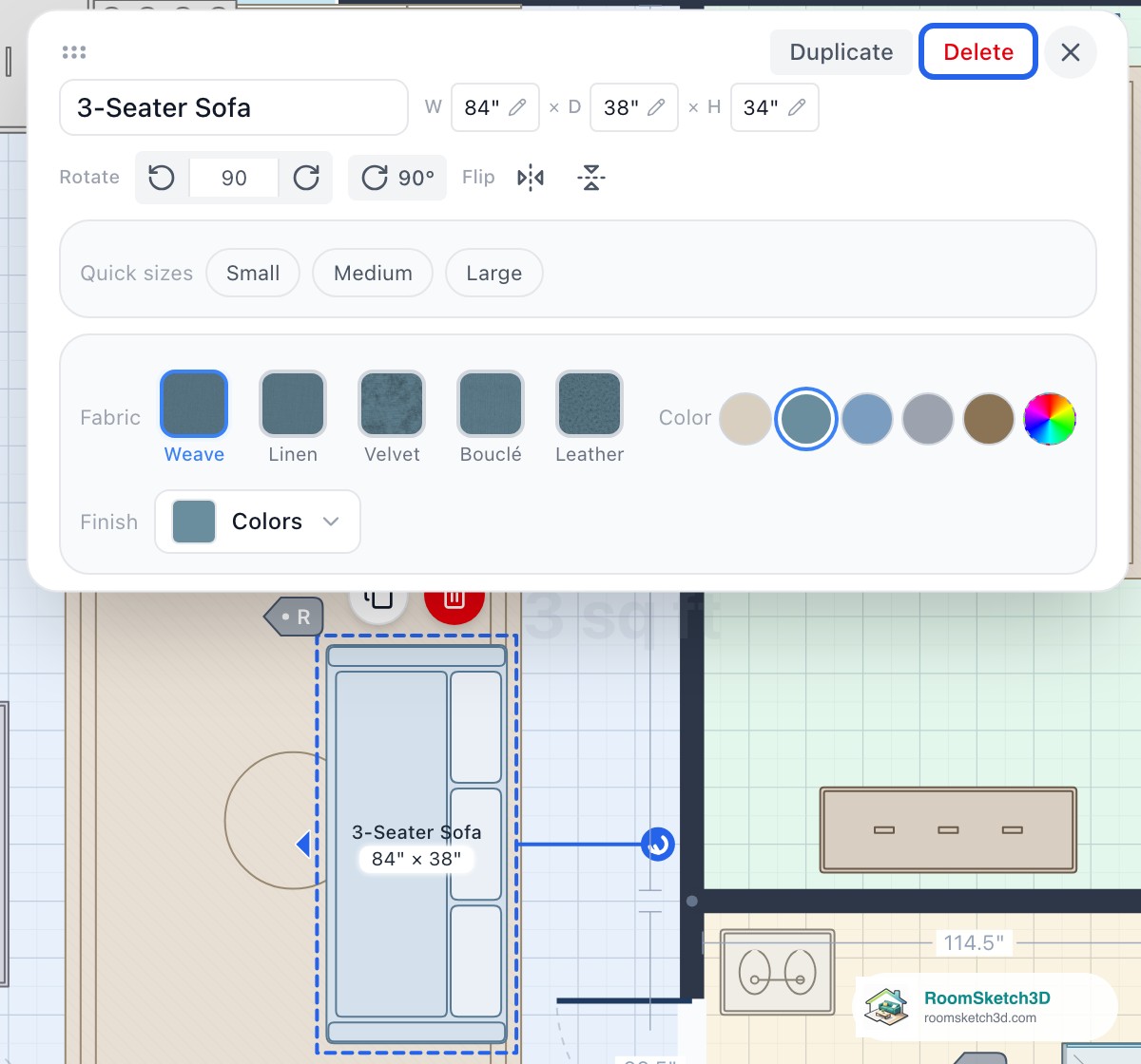 A selected 3-Seater Sofa with its panel open and the Delete button highlighted — RoomSketch3D floor planner