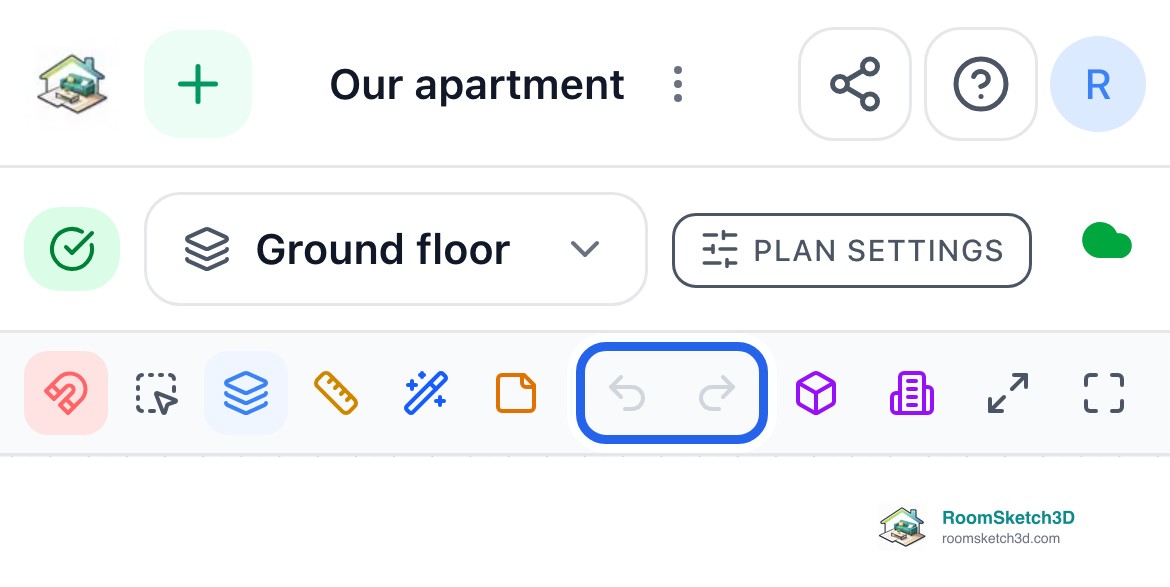 The RoomSketch3D toolbar on a phone with the Undo and Redo arrows highlighted