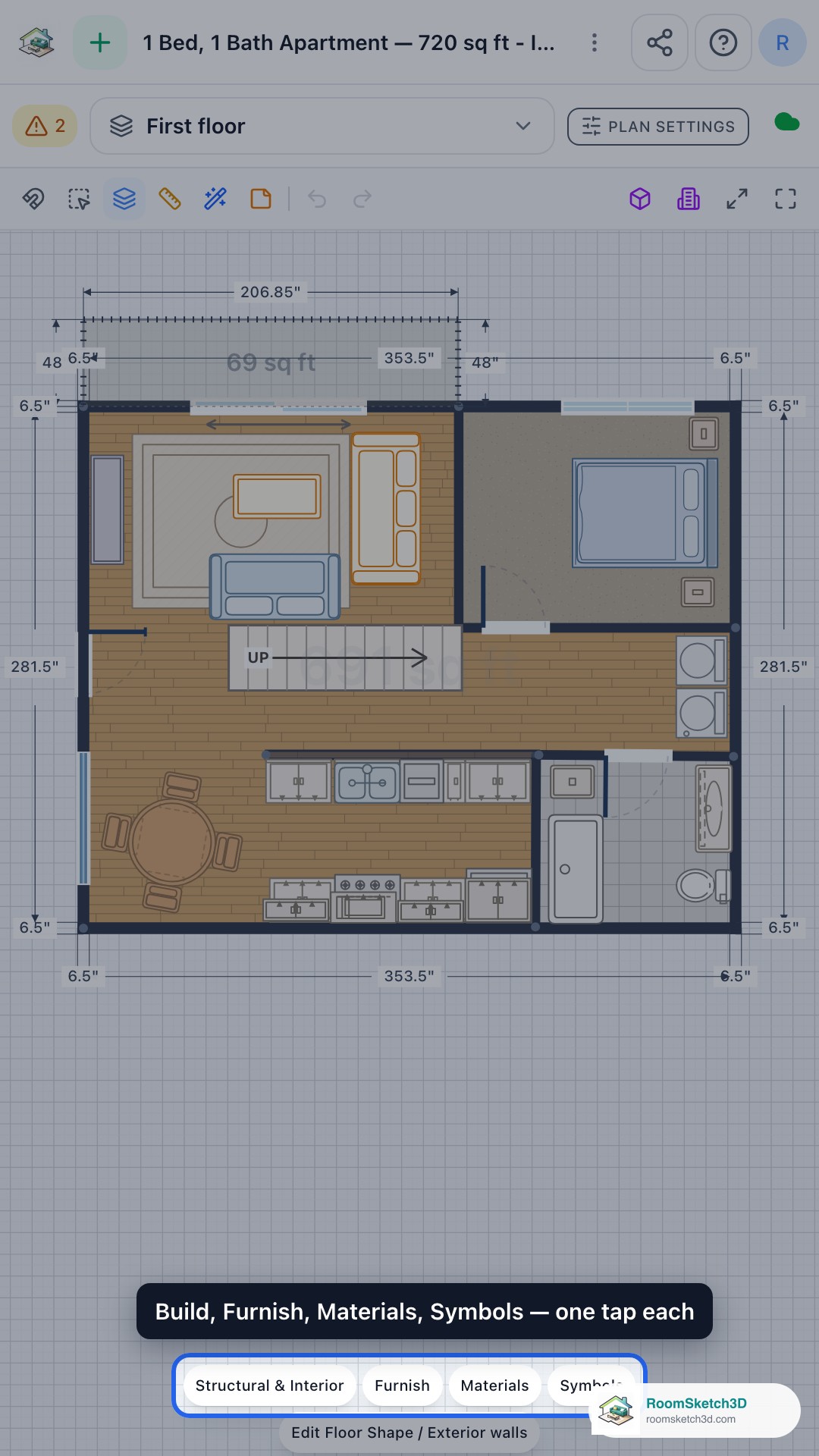 The phone layout with the plan and the pill row along the bottom — RoomSketch3D floor plan creator