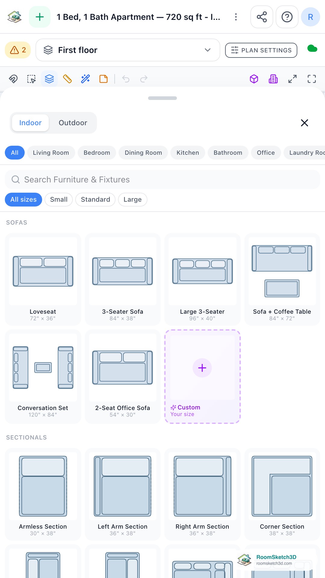 The Furnish bottom sheet open on a phone — RoomSketch3D home design app