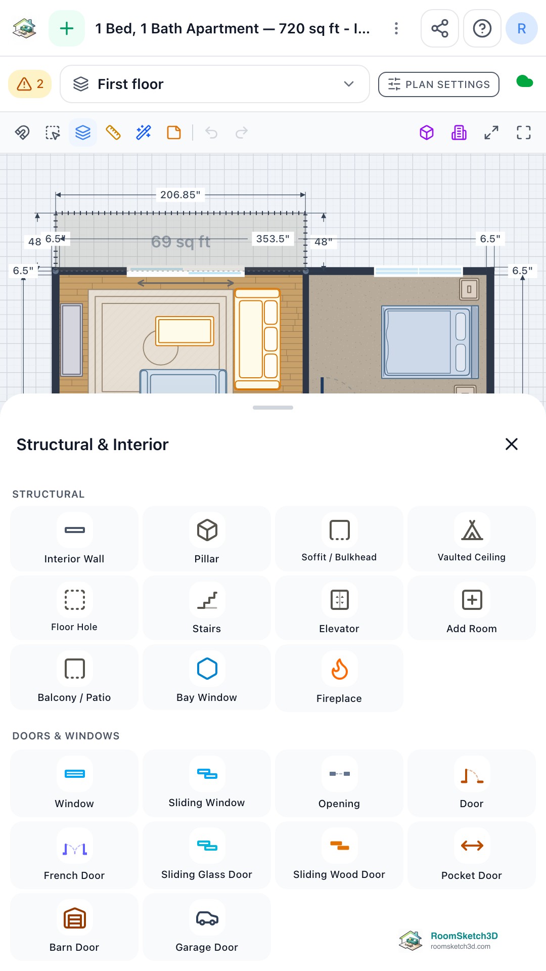 The Structural & Interior bottom sheet on a phone — RoomSketch3D floor plan creator