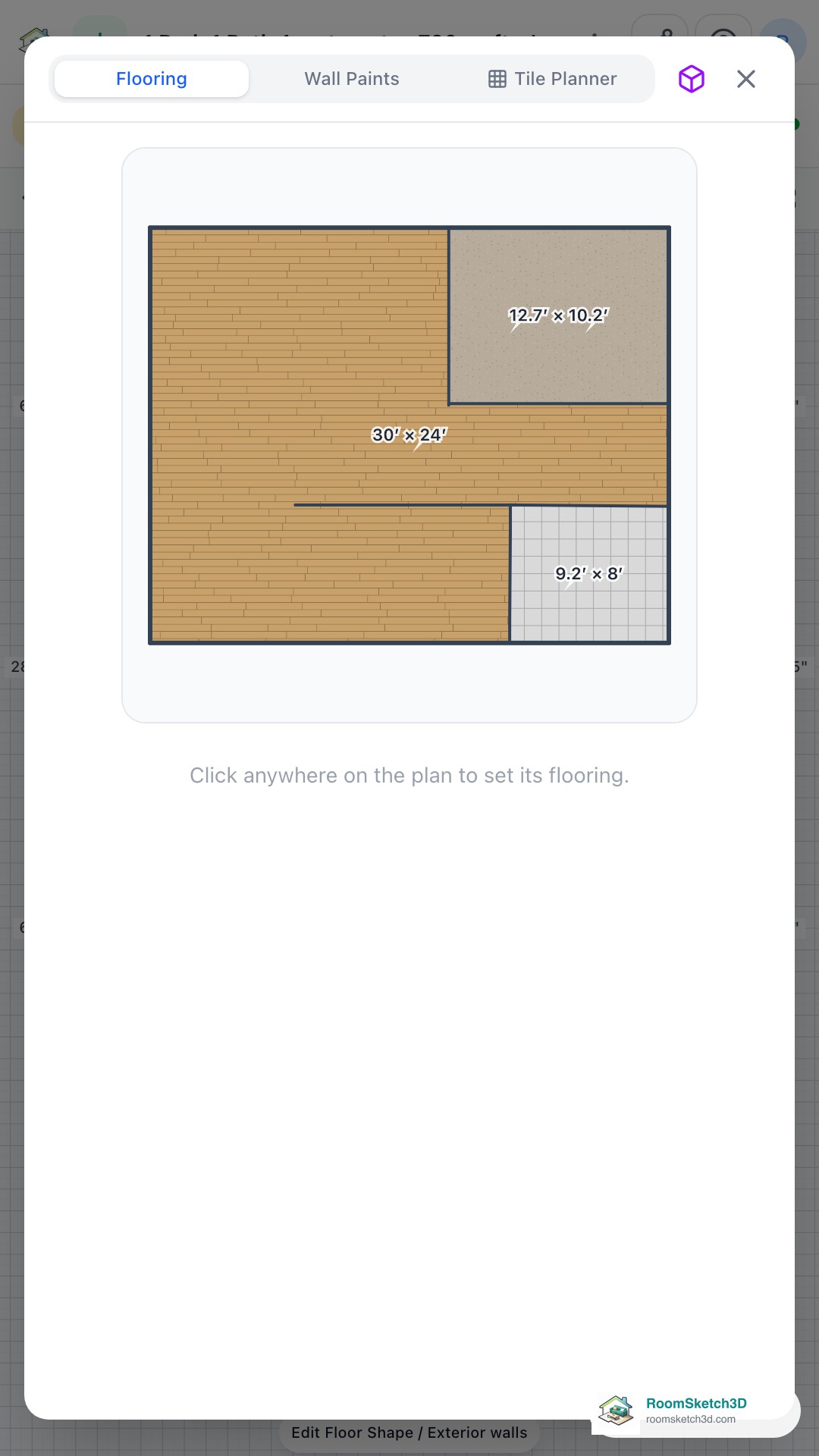 The Materials popup with Flooring and Wall Paints tabs on a phone — RoomSketch3D home design app