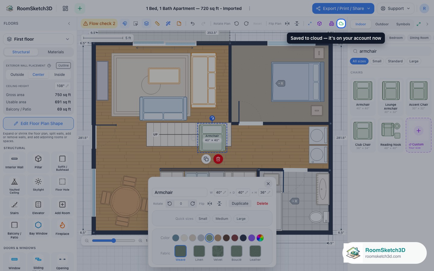 The green Saved to cloud indicator after adding an armchair on the web — RoomSketch3D 3D floorplan software