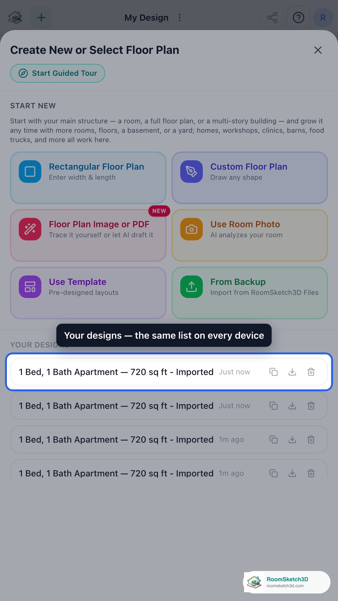 The same designs list on a phone-sized screen — RoomSketch3D home design app