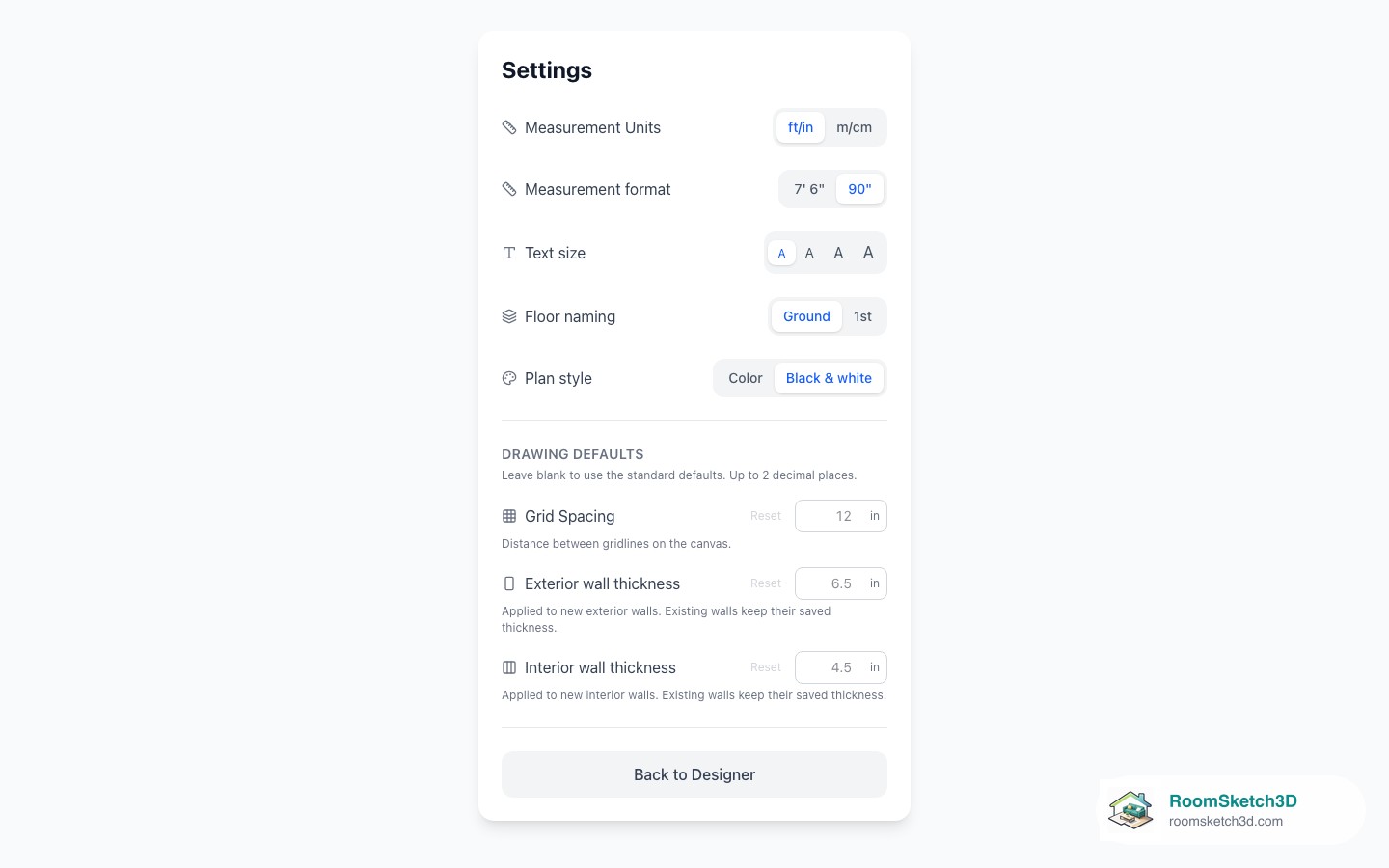The Plan style setting in RoomSketch3D Settings with Color and Black & white options