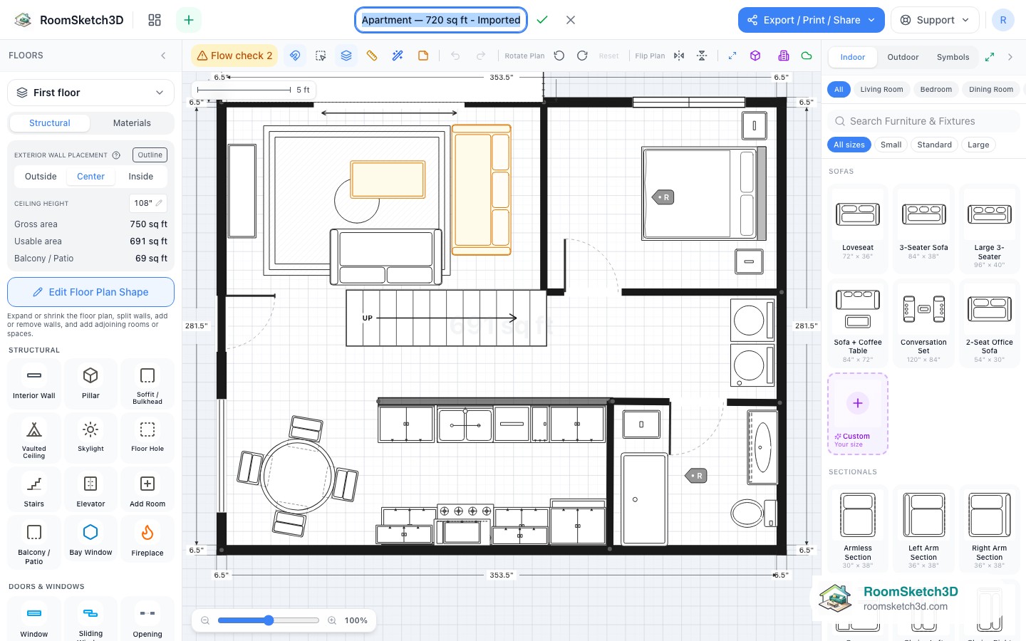 A RoomSketch3D floor plan drawn in the Black & white plan style