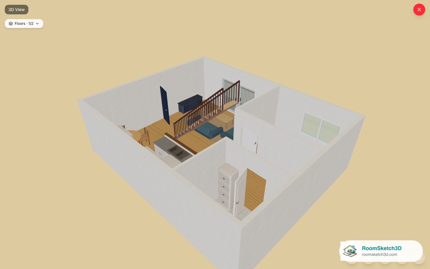 The RoomSketch3D 3D view still in full colour while the 2D plan uses Black & white